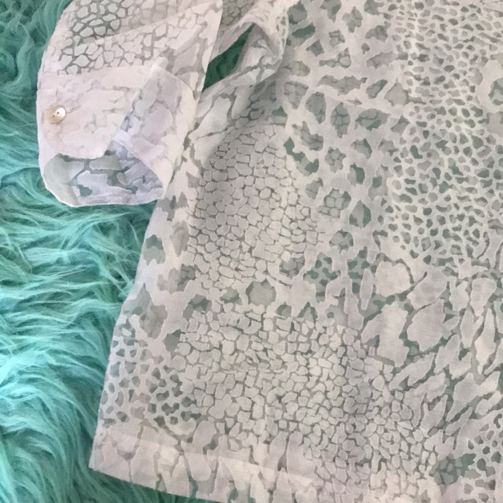 White Leopard Print Sheer Lace Button Front Shirt… - image 2